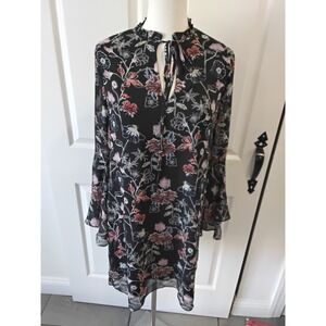 Philosophy Dresses Black Floral Mock Neck Tie Neck Bell Sleeve Mini Dress S